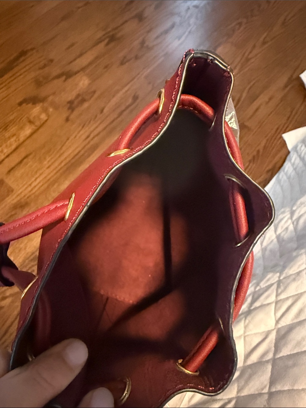Structured Red Drawstring Bucket Shoulder Bag - Picture 6 of 6